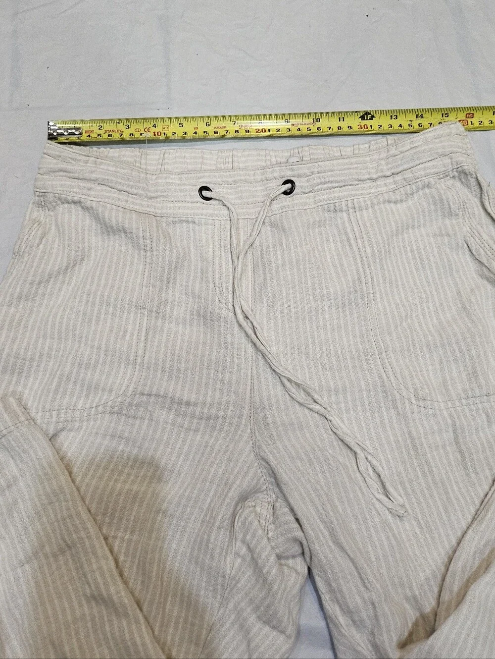 Per Se Striped Linen Capri Pants M Wide Leg Drawstring Elastic